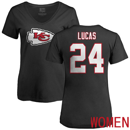 Women Football Kansas City Chiefs #24 Lucas Jordan Black Name and Number Logo Slim Fit T-Shirt
